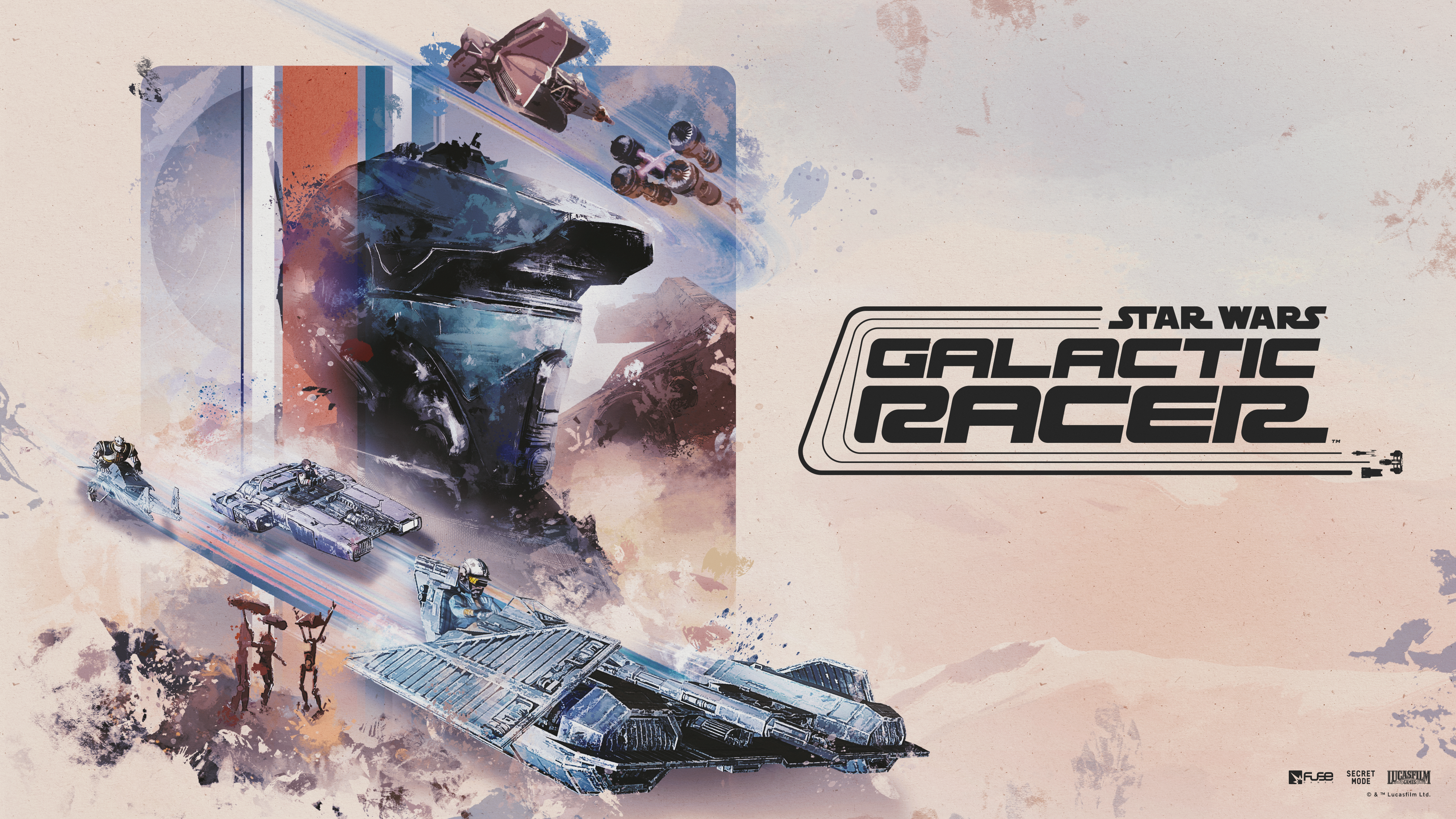 Key art for Star Wars: Galactic Racer, with multiple vehicles racing across a desert background